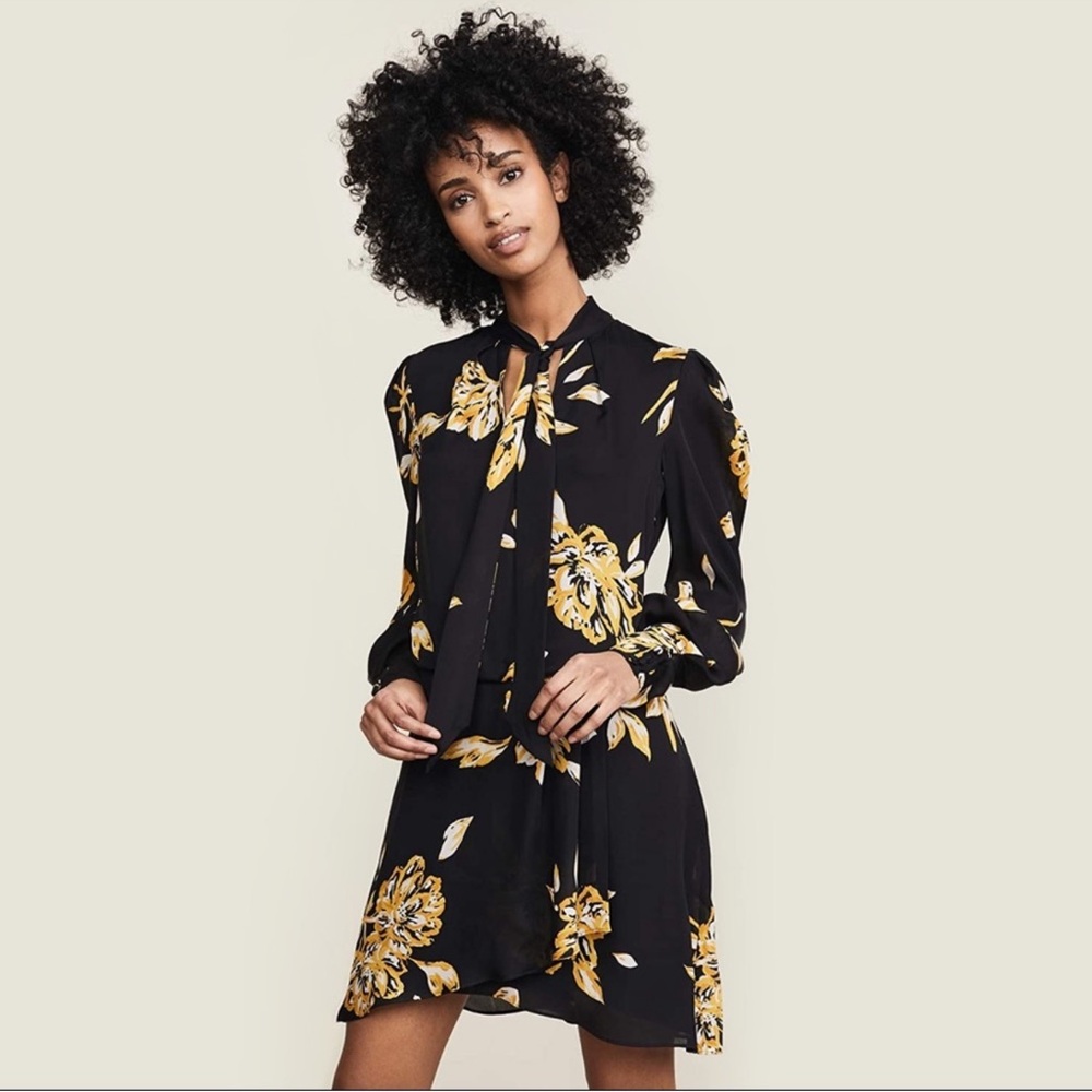 Joie | Gyan | Silk Tie Neck | Dress in Caviar Black Floral | Size 4 | NWT